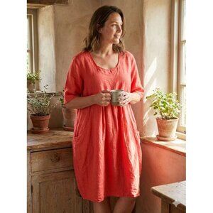 Woolovers Coral Linen Simple Minimalist Tunic Dress Pockets Size 16 Lagenlook